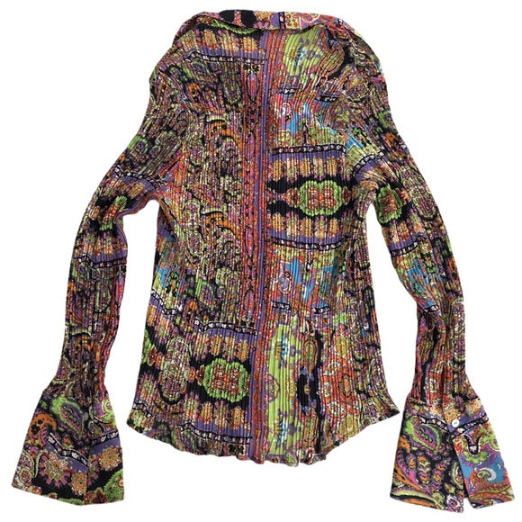 Y2K LE CAVIAR women's bright multi colour abstract pattern flare cuff blouse, XL - Picture 8 of 9